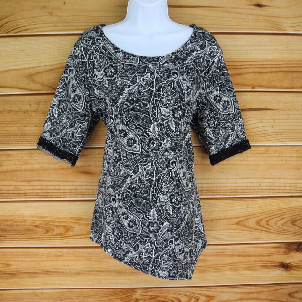 Studio Works Blouse Round Neck Womens L‎ Black Paisley STRETCH Polyester Blend